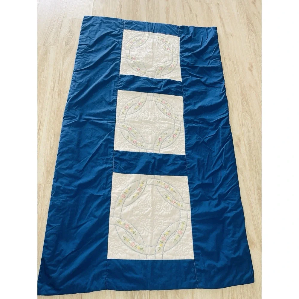 Handmade VTG Quilted Bed Runner Scarf Embroidered Floral Blue White 71x38 Baby
